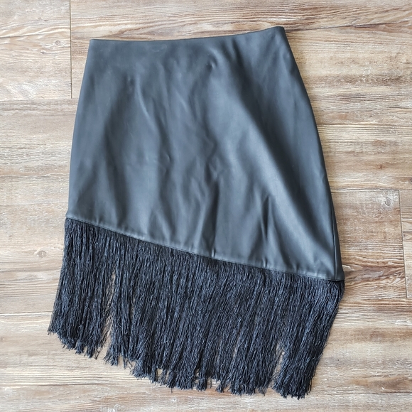 Black Leather and Fringe Asymmetrical Skirt - Picture 5 of 7